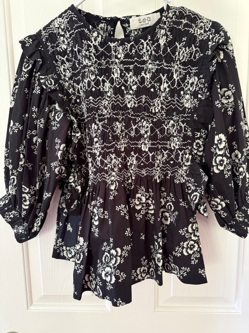 Sea New York Black and White Floral Smocked Blouse